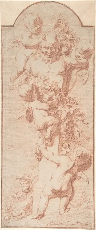 Design For A Panel With Four Putti Decorating A Herm Terminal Figure With Garlands Of Fruit And Foliage