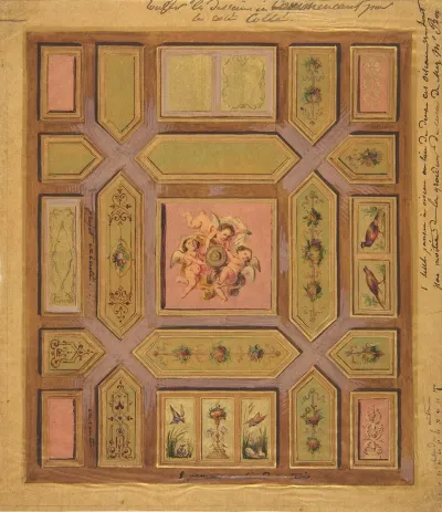 Design For A Paneled Ceiling Painted With Putti Birds And Floral Motifs On Tracing Paper Mounted On Wove Paper