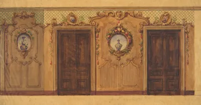 Design For A Room With Double Doors Decorated With Garlands Of Fruit And Flowers Scrolls And Lattice Work