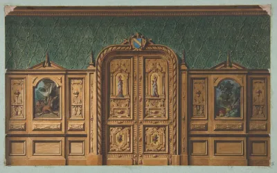Design For A Room With Wood Panels Inset With Paintings And A Heavily Carved Double Door