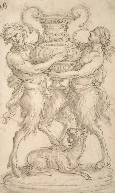 Design For A Sculpture Consisting Of A Satyr And Satyress Holding A Vase