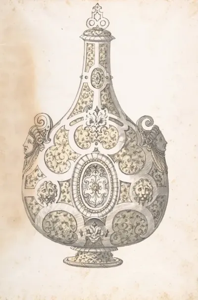 Design For A Silver Gilt Flask Decorated With Strapwork Masks Moresques