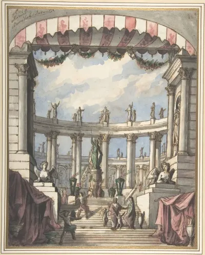 Design For A Stage Set A Classical Courtyard And Colonnade With A Statue Of Minerva