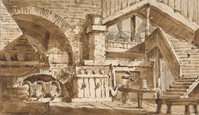 Design For A Stage Set Showing Interior Of Rustic Kitchen Cucina Rustica