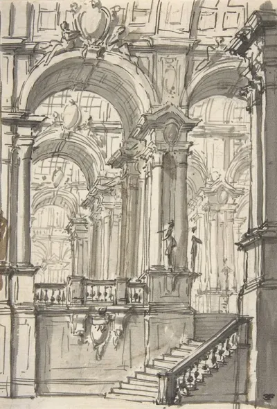 Design For A Stage Sets Anteroom With Stairs Leading To A Gallery Composed Of A Series Of Connected Barrel Vaults