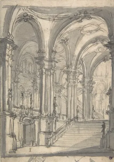 Design For A Stage Sets Groin Vaulted Stairway Leading To A Gallery With Another Stairway To A Second Story At Left