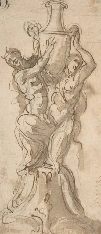 Design For A Statue Consisting Of A Satyr And Satyress Lifting A Vase
