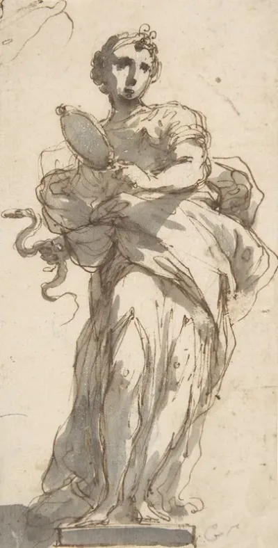 Design For A Statue Of Prudence With Sketches At Upper Left Corner
