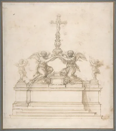Design For An Altar With Kneeling Angels Supporting A Crucifix