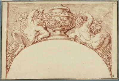 Design For An Archivolt Two Fauns Supporting An Urn