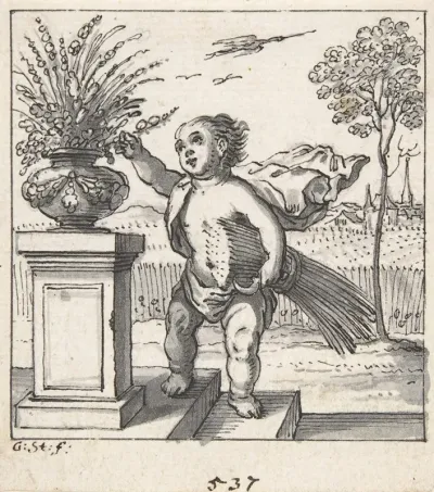 Design For An Emblem With A Child Picking Flowers
