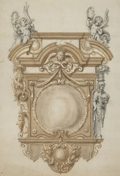 Design For An Epitaph With A Variant Flanked By Terms And Surmounted By Statues Of Cherubs