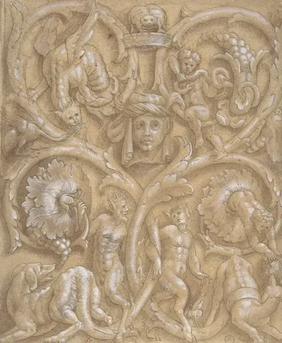 Design For An Ornamental Panel With Rinceaux Satyrs Putti Monsters And A Human Head
