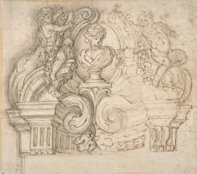 Design For An Overdoor Or The Top Of A Niche With A Bust And Garland Bearing Putti