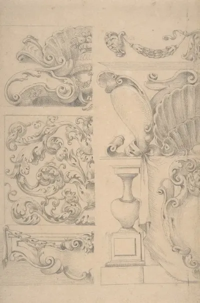 Design For Cartouches Decorated With Sea Shells Garlands Foliage Volutes And Urns