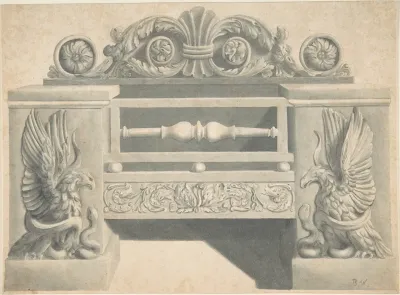 Design For Cast Iron Grate In Rococo Style With Putti Fire Dogs