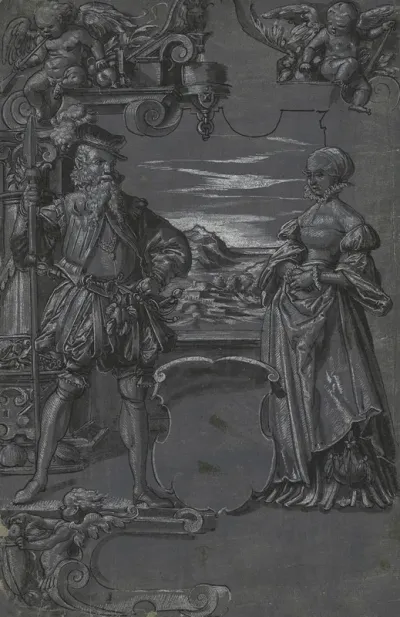 Design For Glass Painting Man And Woman In Architectural Setting