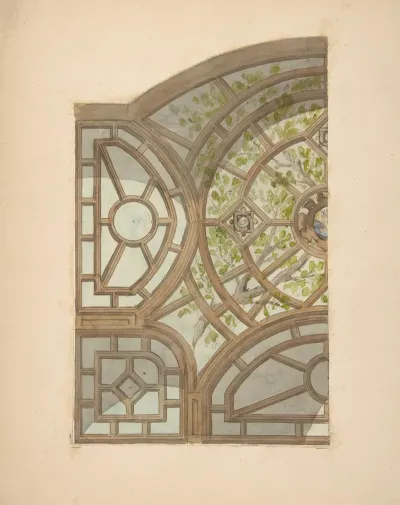 Design For One Section Of A Ceiling Painted With Trees And Lattices