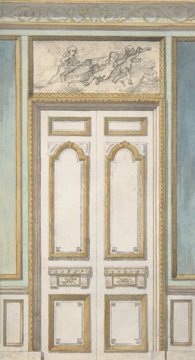 Design For Single Door And Overdoor Panel With Cupids Bearing A Violin