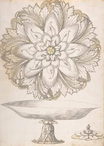 Design For Single Footed Dish With Cover Shaped Like Flower And Foliage