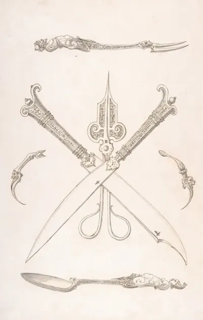 Design For Spoon Fork Two Knives Crossed Over Scissors Scissors Ear Spoon And Toothpick