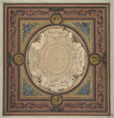 Design For The Decoration Of A Ceiling With A Trompe Loeil Painting Of A Coffered Dome