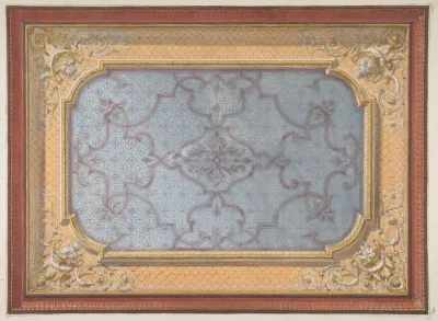 Design For The Decoration Of A Ceiling With Urns Swags And Portrait Medallions In The Four Corners