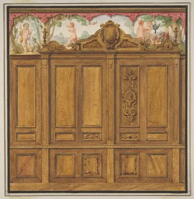 Design For The Decoration Of A Room With A Large Wood Paneled Cupboard Surmounted By The Monogram H