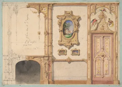 Design For The Decoration Of A Wall Punctuated By A Fireplace And A Door And Hung With Gold Framed Pictures