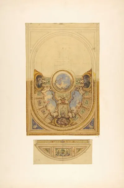 Design For The Decoration Of An Oval Ceiling With Putti And Garlands With A Detail Of A Lunette