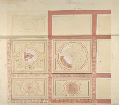 Design For The Decoration Of The Ceiling Of A Vestibule In Painted Panels With Roman Key Borders