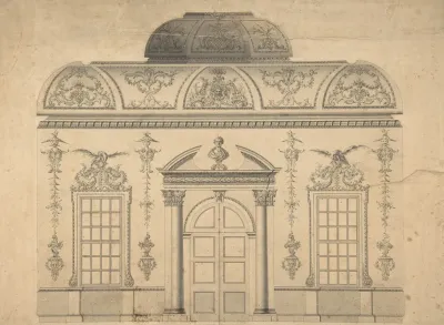 Design For The Decoration Of The Window Door Wall Of A Rococo Room With A Coved Ceiling And Coved Central Fanlight