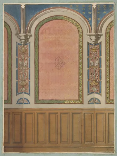Design For The Decoration Of Wall With Wood Panels And Arched Bays