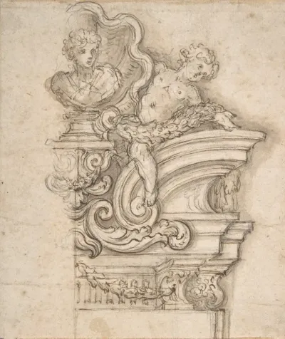 Design For The Right Half Of An Overdoor Decoration With A Bust