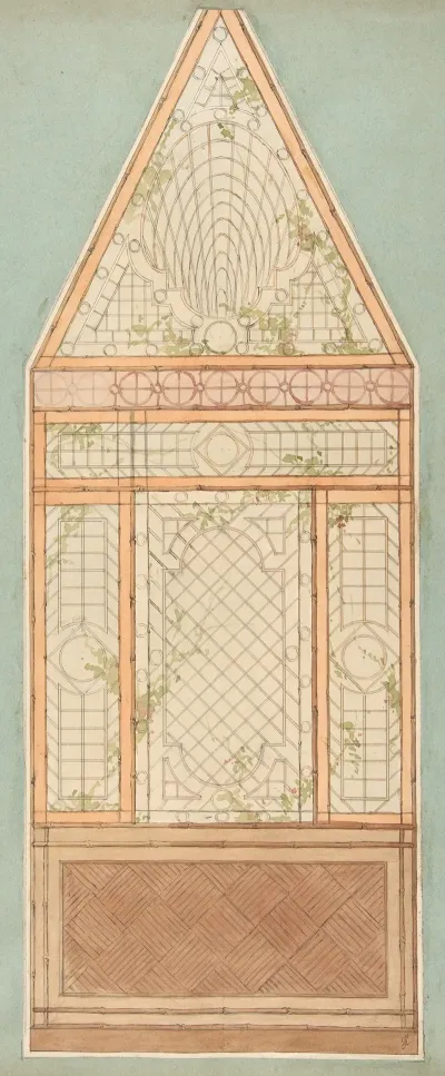 Design For The Treatment Of A Wall With A Pattern Of Lattices Vines And Bamboo