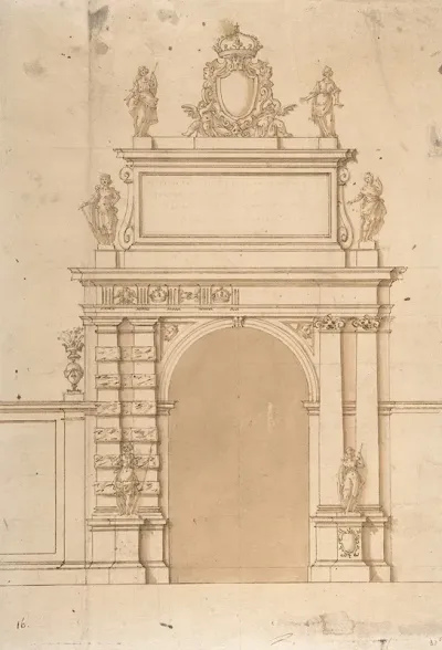 Design For The Triumphal Arch At The Porta Ticinese In Milan With The Imperial Arms Of The Hapsburg And Allegorical Figures