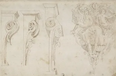 Design For Three Consoles Decorated With Foliage And Volutes And A Console With A Satyr Head Surmounted By Three Human Figures Garland And Foliage