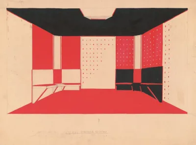 Design For Unidentified Building Small Dining Room Drawing Of Dining Room With Benches In Black Vermillion And White Bilaterally Positive And Negative Coloring