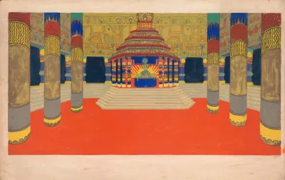 Design For Unidentified Interior Drawing Of Columned Hall With Altar On A Stepped Plinth And Decorative Frieze Featuring Elephants