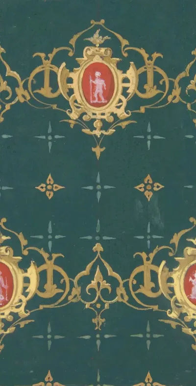 Design For Wallpaper Featuring Rinceaux And Carouches Framing Figures