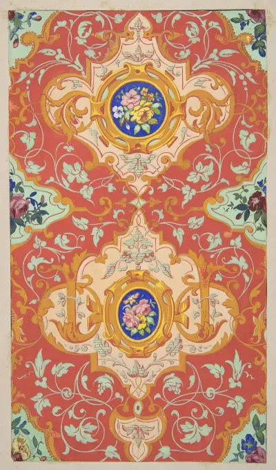 Design For Wallpaper Featuring Strapwork Rinceaux And Cartouches Filled With Bouquets Of Roses