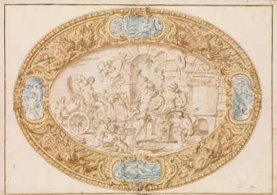 Design Full Scale Working Drawing For A Large Oval Silver Dish With Silver Gilt Border Showing Vulcans Forge