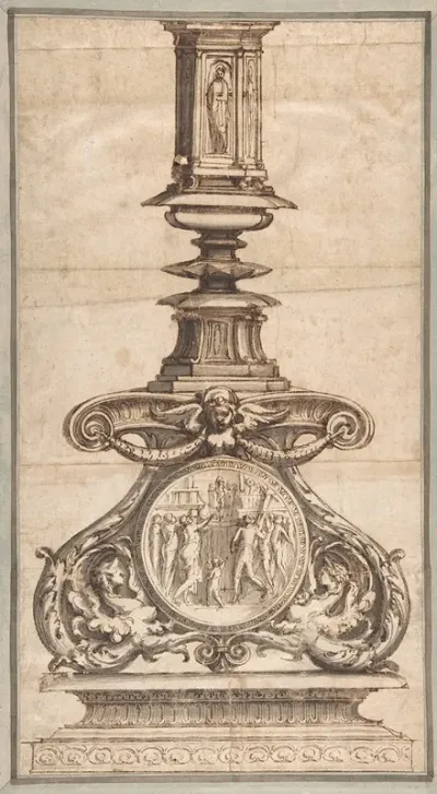Design Of A Candlestick With Winged Figures At Base Surrounding Scenic Medallion