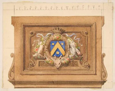 Design Of A Decorative Panel Featuring Hunting Trophies A Shield And A Crown