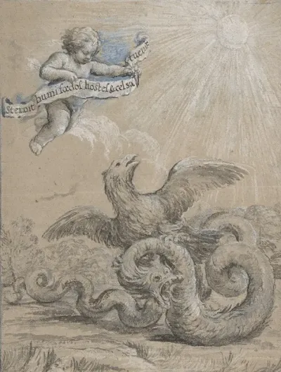 Design With An Eagle Fighting With A Serpent And A Putto In The Sky Holding An Inscribed Banner