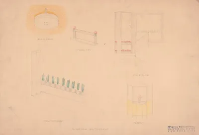 Designs For Interior Of Shoreham Restaurant Perspectives And Elevations For Ceiling Lamp Show Window Window Sign Staircase And Screen Renderings