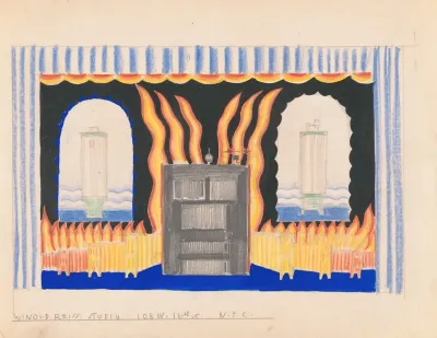 Designs For Staged Commercial Or Trade Exhibition Displays Of Coal Fired Water Heaters And Furniture Perspective Sketch Featuring Flames