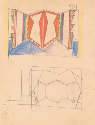 Designs For Staged Commercial Or Trade Exhibition Displays Of Coal Fired Water Heaters And Furniture Perspective Sketch In Orange With Rainbow Edges