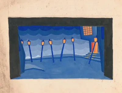 Designs For Theater With Black Framed Proscenium And Boldly Colored Settings Study For Stage Light Wall Decoration Possibly For Caf Crillon 277 Park Avenue 8