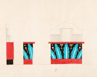Designs For Unidentified Restaurant Or Bar Interiors Color Study Of Bar Showing Elevations With Turquoise And Vermillion Decorations With Tropical Theme No 1